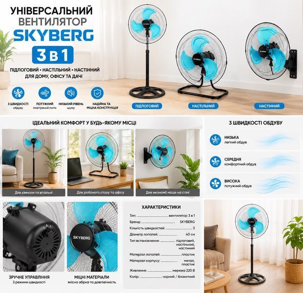 Универсальный вентилятор SKYBERG 3 в 1 напольный настольный настенный 3 скорости для дома квартиры офиса