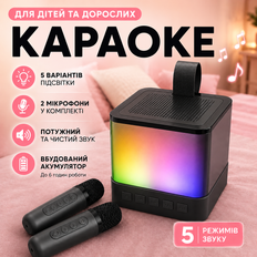 Интерактивные игрушки - Портативная караоке колонка с 2 беспроводными микрофонами, RGB-подсветка, 5 голосовых эффектов, USB, TF, AUX, Type-C, аккумуляторная Черный