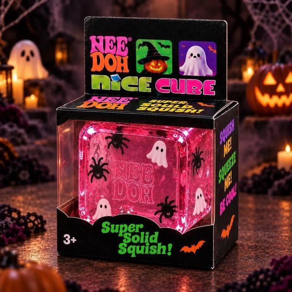 Антистреси - Сквіш кубик льоду NeeDoh Nice Cube Halloween 5,5 см Прозорий гелевий куб антистрес Нідл з привидами та павуками Рожевий