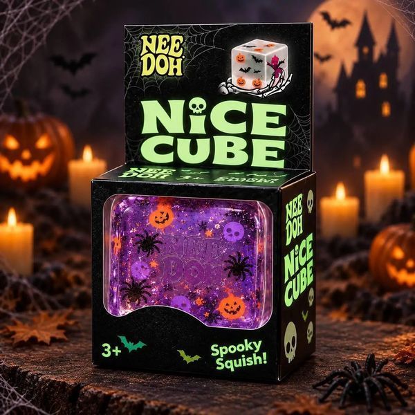Антистреси - Сквіш кубик льоду NeeDoh Nice Cube Halloween 5,5 см Прозорий гелевий куб антистрес Нідл з привидами та павуками Фіолетовий