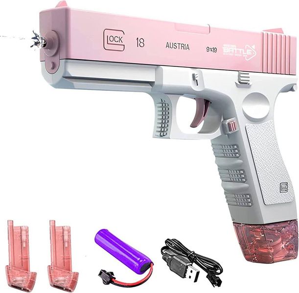 Интерактивные игрушки - Детский электрический водяной пистолет Water Gun Glock аккумуляторный с 2 обоймами для воды Розовый