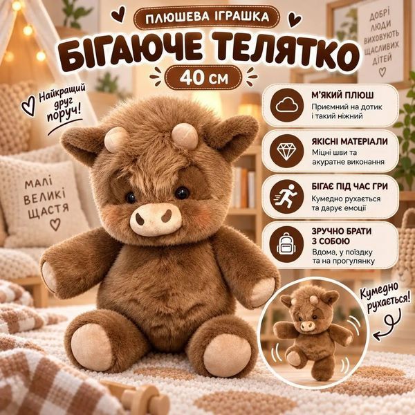Мягкие игрушки - Мягкая игрушка Бегающий теленок 40 см Плюшевый бегающий бычок Коричневый