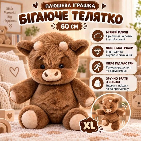 Мягкие игрушки - Мягкая игрушка Бегающий теленок 60 см Плюшевый бегающий бычок Коричневый