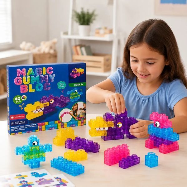 Конструктори - Конструктор з м&rsquo;якого силікону Magic Gummy Bloc 40 деталей &ndash; сенсорний дитячий конструктор з прозорими еластичними блоками